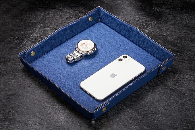 Oversized Leather Catchall Tray for Men, Gentleman's Valet Tray Organizer for Wallet, Keys, Accessories - Microfiber Lychee Blue