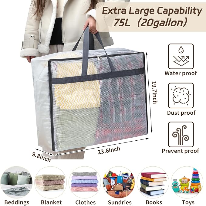 Fixwal 4 Pack 75L Extra Large XL Clear Storage Bags With Zipper for Blankets, Quilts, Clothes, Comforter, Bedding and Pillows