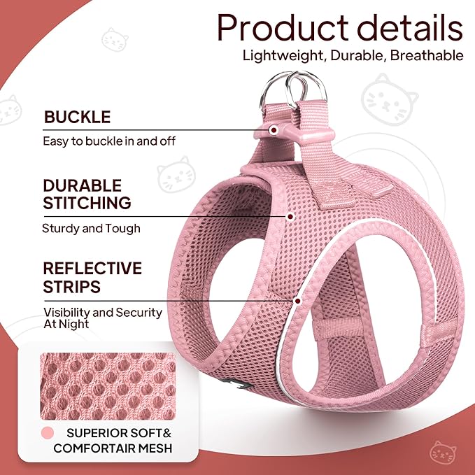 TwoEar Dog Vest Harness Reflective, No-Pull Pet Harness Easy Control with Breathable Mesh, Soft Puppy Step-in Harness No-Choke for Outdoor Walking, Training for Small Dogs, Cats(XS, Pink)