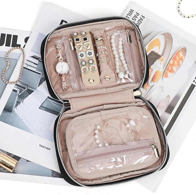 NISHEL Travel Jewelry Case, Holiday Organizer for Necklaces, Earrings, Rings, Bracelets, Watch,Small,Black