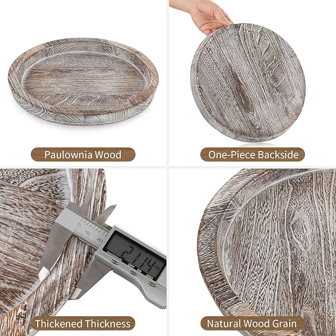 Hanobe Decorative Tray for Coffee Table: Round Candle Plate Holder Centerpieces for Dining Room Kitchen - Wooden Farmhouse Tray Vintage Home Decor