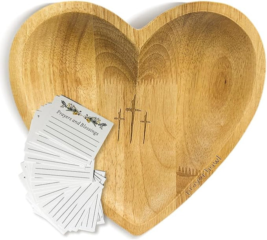Prayer Bowl with 24 Cards - Heart Shaped Prayer Bowl Wooden, Handcrafted Christian Gifts with Cross, Religious Gift, Christian Decor for Prayer, Women, Mom, Dad Friends(yellow color)