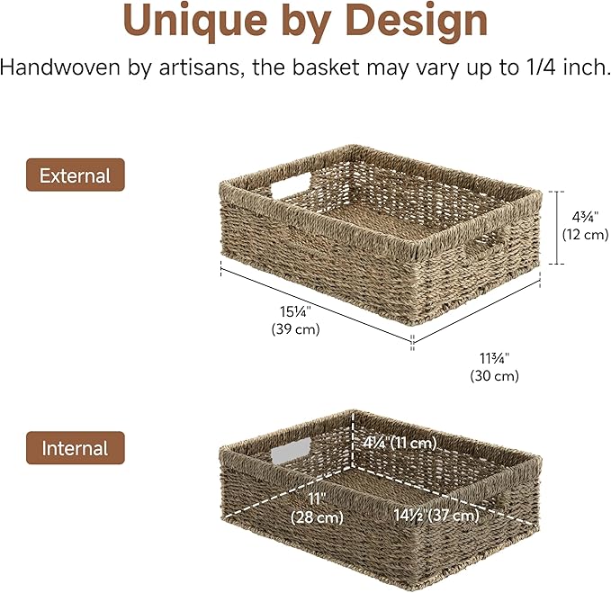 StorageWorks Pantry Baskets, Wicker Storage Baskets for Organizing, Shelves, Pantry Organizers and Storage, Seagrass, 15½"L x 11¾"W x 4 ¾"H