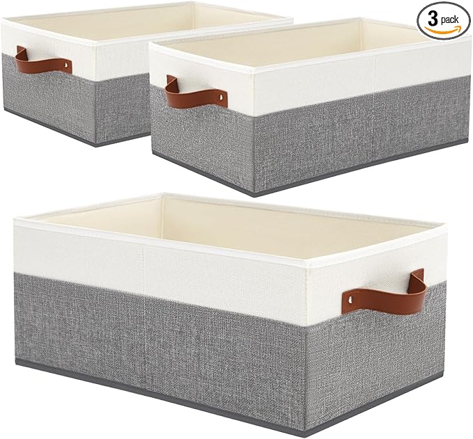 3 Pack Large Capacity Storage Bins Closet Organizer for Shelves, Fabric Closet Storage Baskets Boxes with Leather Handles for Organizing Clothes, Sheets, Jeans, Toys, Books (Grey)