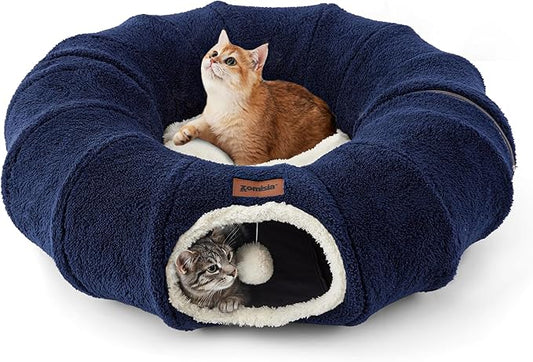 ZOMISA Cat Tunnel Bed for Indoor Cats, Cute Cat Donut Toy Tunnel for Small Large Cats with Washable Circle Cushion, Peekaboo Pet Cave Play Tunnel for Kitten, Puppy, Navy Blue