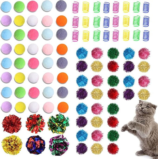 100Pcs Cat Toys Assortment - Interactive Kitten Toy Bundle with Sparkle Balls, Premium Silent Soft Pom Poms, Crinkle Balls & Spring Toys for Indoor Cats & Kittens
