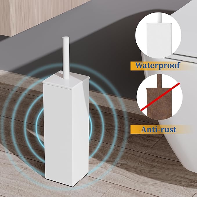 RUACQ Toilet Brush and Holder Set,Square Toilet Bowl Brush for Bathroom with 304 Stainless Steel Handle Toilet Cleaner Brush with Durable Scrubbing Bristles,Splash-Proof (White)