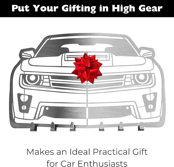 MOOH Car Key Holder for Wall - Metal Automotive Key Holder with 6 Hooks - Unique Car Gift for Men, Women, Car Lovers & Enthusiasts - Cool Man Cave Decor (Chevy Camaro 2014, Stainless Steel)