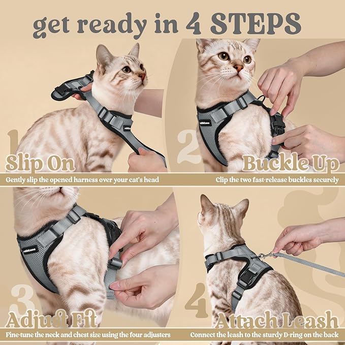 rabbitgoo Cat Harness and Leash for Walking, Escape Proof Soft Adjustable Vest Harnesses for Cats, Easy Control Breathable Reflective Strips Jacket, Grey, XS