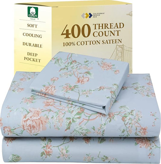 California Design Den Printed Twin XL Sheet Sets - 400 Thread Count Sateen, Natural 100% Cotton Sheets, Deep Pockets, and Durable Bedding Set - Antique Rose