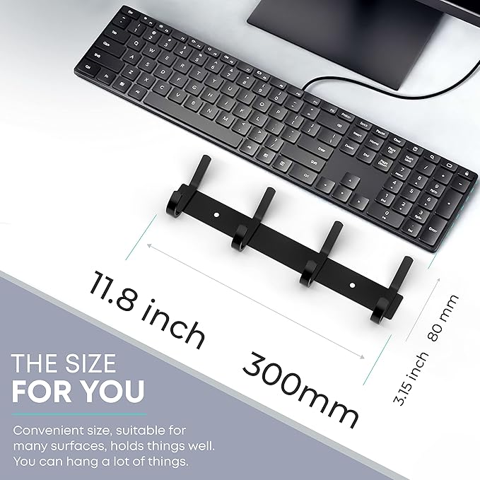 Matte Black Coat Rack Wall Mount – 12 Inch Stainless Steel Hook Rail with 4 Double Coat Hooks – Wall Mounted Entryway Organizer for Coats, Hats, Bags, Towels, Robes, Closet or Bathroom