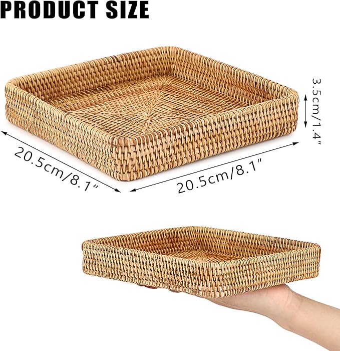 Hipiwe Key Basket Tray for Entryway Table Rattan Serving Tray Handwoven Wicker Baskets Vanity Trays Square Decorative Fruit Trays for Kitchen Counter Bedside Living Room Bathroom, 8.1"