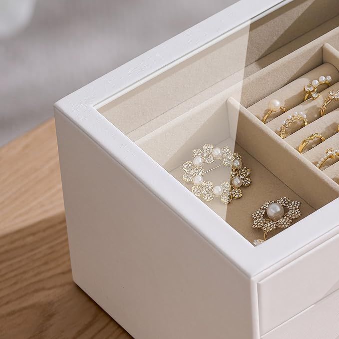 pickpiff Jewelry Box Organizer Case for Women: 3-Layer Jewelry Storage Case with Glass Window, Pure White Leather with Velvet Holder for Ring Necklace Bracelet Brooch Watch, Great Gift for Her