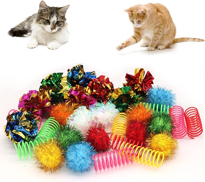 LASOCUHOO Cat Toys, 30 Packs Interactive Cat Toy Pack Including Cat Crinkle Balls, Cat Sparkle Balls, Spiral Springs for Kitten