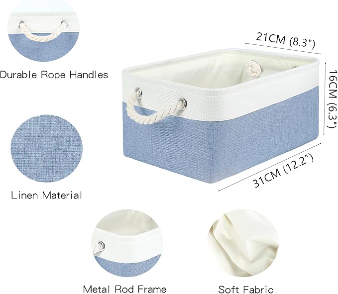 Storage Bins with Sturdy Cotton Handles(3 Pack), Fabric Storage Baskets for Organizing use for Office & Home, Book, Clothes, Toys, Closet Boxes (Small, Blue-White, 12.2x8.3x6.3 inches)