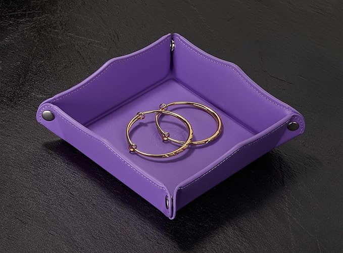 Jewelry Valet Tray, PU Leather Catchall for Girl Key Wallet Coin Box Travel (Purple)