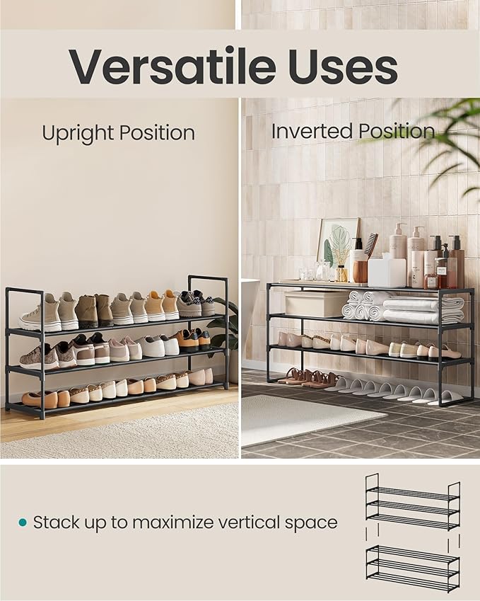 SONGMICS Shoe Rack, 3-Tier Shoe Organizer, Metal Storage Shelf, Upright or Upside Down, for 20-24 Pairs, Stackable, for Entryway, 11.8 x 46.1 x 21.7 Inches, Black ULSA033B01
