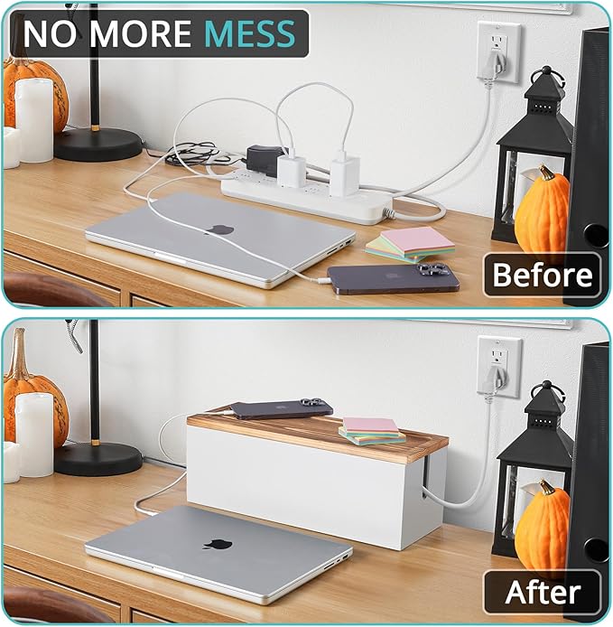 Large Cable Management Box, Wooden Cord Organizer Box for Desk, Floor, Office to Hide Extension Cords Power Stripes Surge Protectors Chargers Wires, White