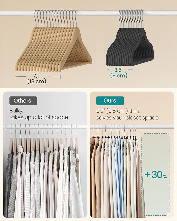 SONGMICS Velvet Hangers 150 Pack, Non-Slip Clothes Hangers with Silver-Colored Swivel Hooks, Slim Space-Saving for Closet, Heavy-Duty, Black UCRF046BZ03S