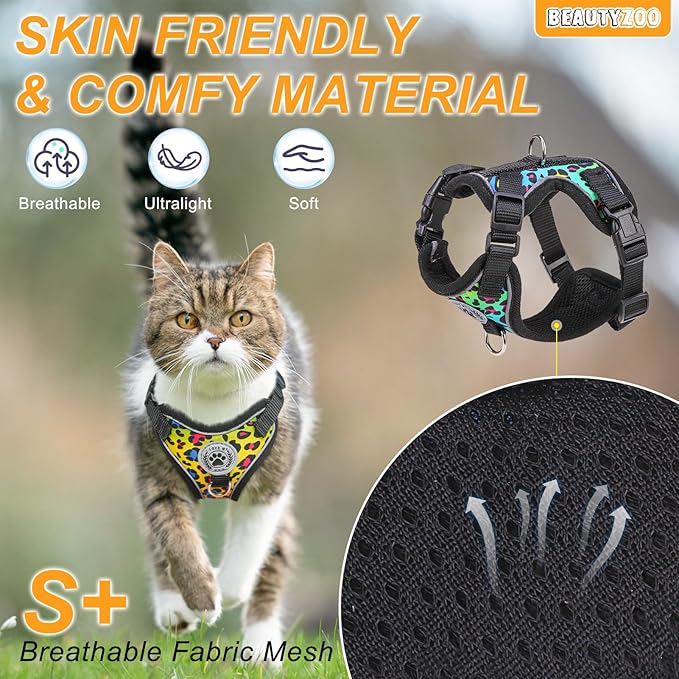 BEAUTYZOO Escape Proof Cat Harness and Leash for Walking, Soft Adjustable Cute Vest for Small to Large Cats, Reflective Breathable Easy-Control Outdoor Jacket, Kitten Harness and Leash Set, Leopard, S