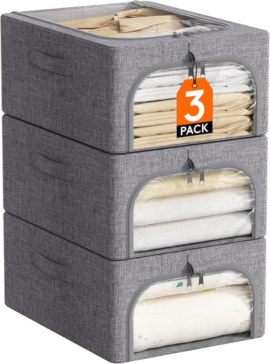 Lifewit Clothes Storage Bins with Metal Frame 3 Pack, Fabric Stackable Storage Bags with Lids, Zipper, Foldable Clost Organizers Containers for Clothing, Blanket, Winter Cloth, 25L