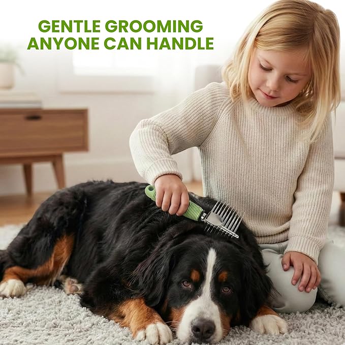 Poodle Dematting Fur Rake Comb Brush for Dogs and Cats - Long 2.5" Steel Safety Blades Metal Comb for Detangling Matted or Knotted Undercoat Hair (Green)