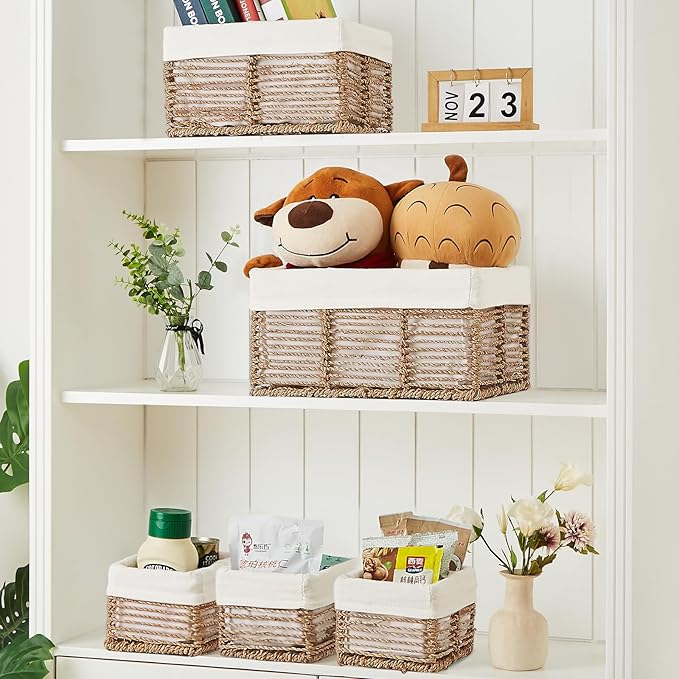 Vagusicc Wicker Storage Basket, 5 Pack Baskets for Organizing, Seagrass Storage Baskets, Rectangular Wicker Baskets for Storage Shelves, Cube Storage Bins For Closet/Clothes/Dresser