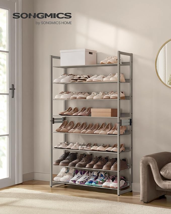 SONGMICS Shoe Rack, 8-Tier Shoe Organizer, Metal Rack for Garage, Set of 2, 4-Tier Stackable Shelf, with Adjustable Flat or Angled Shelves, 32-40 Pairs, Cappuccino Beige ULMR008L01