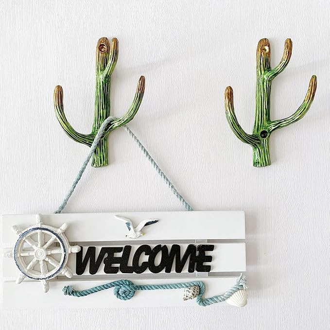 Vintage Cactus-Shaped Decorative Wall Hooks Rack Hangers for Hanging Clothes Coats Towels Keys Hats, 2 Pack Antique Metal Mounted Wall Hook