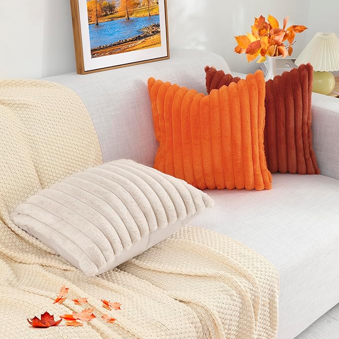 decorUhome Faux Fur Spring Throw Pillow Covers 16x16 Set of 2, Decorative Soft Plush Striped Neutral Couch Pillow Covers with Velvet Back for Sofa, Bed, Living Room Home, Rust