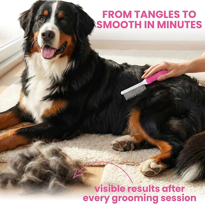 Poodle Pet Detangling Pet Comb with Long & Short Stainless Steel Teeth for Removing Matted Fur, Knots & Tangles – Detangler Tool Accessories for Safe & Gentle DIY Dog & Cat Grooming (Pink)