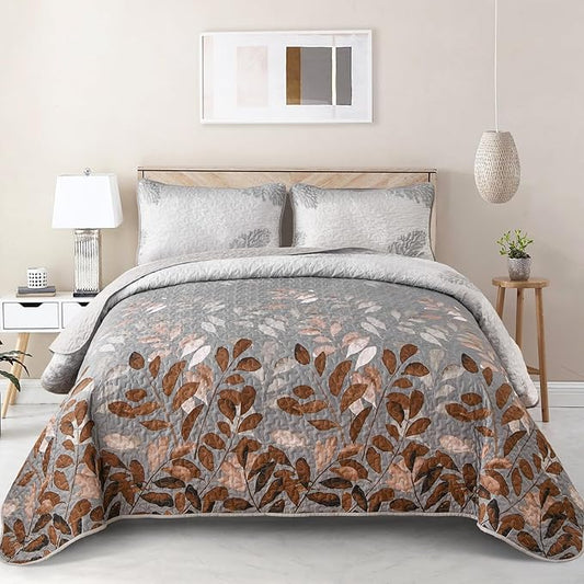 WONGS BEDDING Brown Floral Quilt Set King Size,3 Pieces Botancal Leaves Bedspread Coverlet Set with 2 Pillowcases for All Season, Soft Microfiber Floral Bedding Set 104"×90"