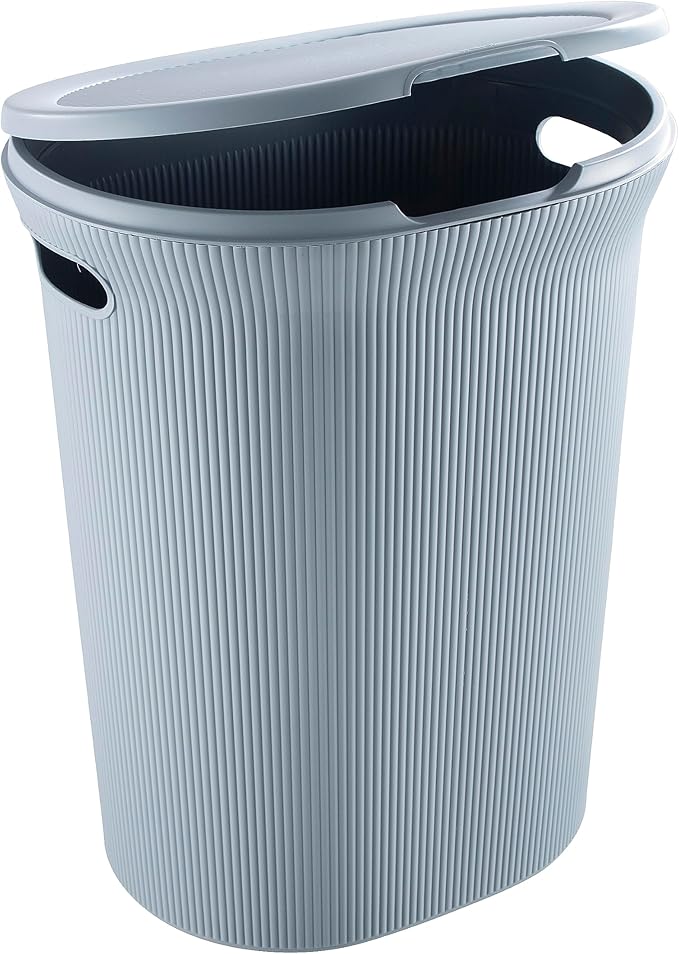 Superio Ribbed Collection - Decorative Plastic Laundry Basket & Laundry Hamper with Lid and Cut-Out Handles, Blue (Set of 2) Organzier for Bedroom Bathroom College Dorm Room