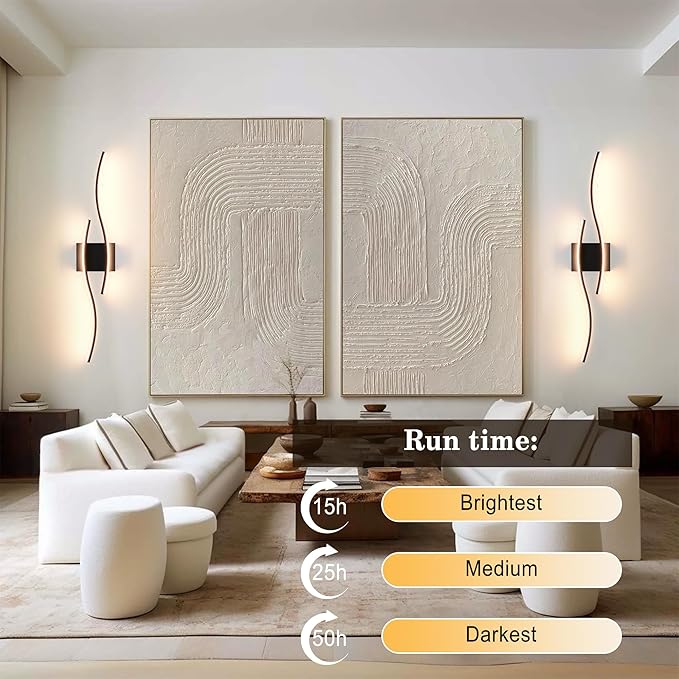 Battery Operated Wall Sconces Set of Two with Remote Control, Dimmable/3 Color/Night-Light/Timer/Memory, Black Modern Wireless LED Sconce for Living Room, Hallway, Bedroom, 27.5 Inch (2 Pack)