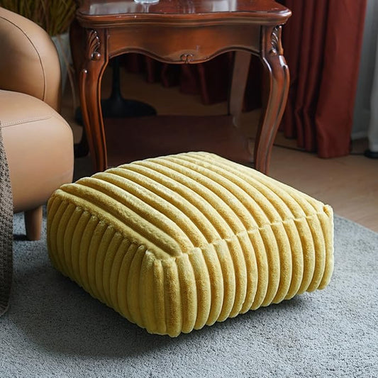 Unstuffed Pouf Ottoman Cover Soft Storage Extra Seat Farmhouse Comfortable Bohemian Poufs Accent Footrest 20x20x8 Inches for Living Room Bedroom Study Nook (Yellow B, Square)