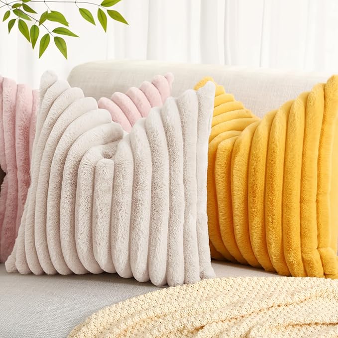 decorUhome Faux Fur Spring Throw Pillow Covers 22x22 Set of 2, Decorative Soft Plush Striped Neutral Couch Euro Sham Pillow Covers with Velvet Back for Sofa, Bed, Living Room Home, Beige