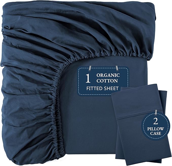 LANE LINEN King Size Fitted Sheet, 100% Organic Cotton, 3-Piece Set (1 Fitted Sheet,2 Pillowcases), Percale Weave, Ultra Soft, Breathable,Fits Mattress Upto 15" Deep - Estate Blue (No Flat Sheet)