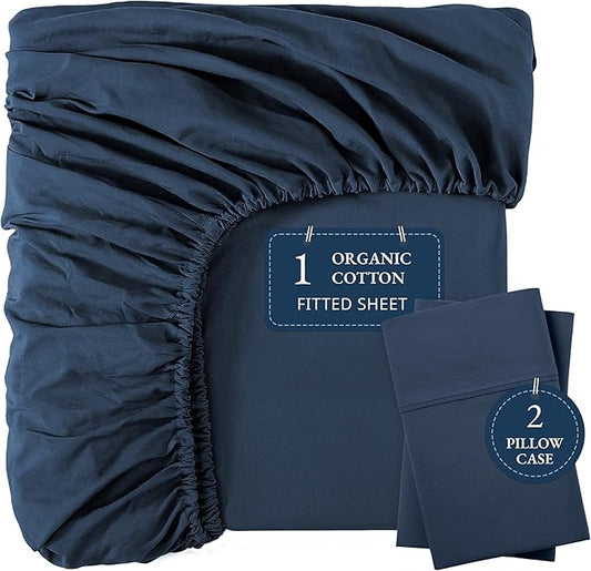 LANE LINEN King Size Fitted Sheet, 100% Organic Cotton, 3-Piece Set (1 Fitted Sheet,2 Pillowcases), Percale Weave, Ultra Soft, Breathable,Fits Mattress Upto 15" Deep - Estate Blue (No Flat Sheet)