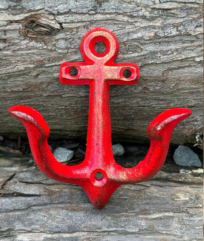 KiaoTime RED Vintage Rustic Cast Iron Nautical Anchor Design Wall Hooks Coat Hooks Rack, Decorative Wall Mounted Antique Shabby Chic Metal Home Bath Room Towel Coat Hooks Hanger