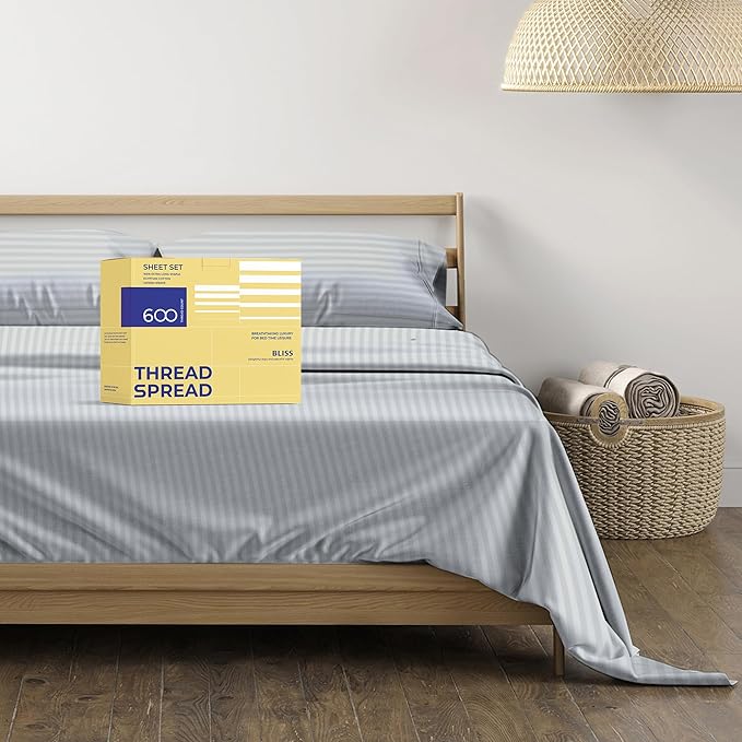 THREAD SPREAD Luxury Egyptian Cotton King Stripe Sheet Set, 600 Thread Count Extra Long Staple 4 PC Set, King Damask Sheets, Soft, Cooling Sateen Weave Sheets Upto 18" Deep Pocket - Silver Grey