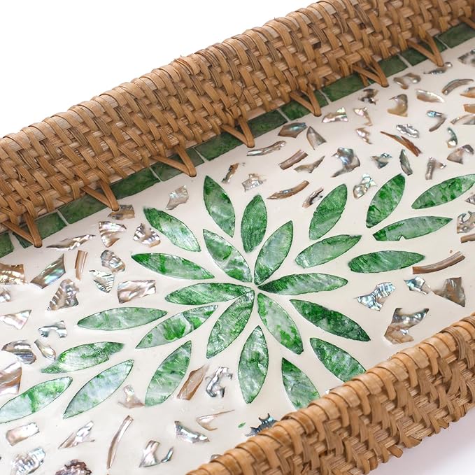 2 Pack Rattan Bathroom Vanity Tray with Mother of Pearl Inlay, Toilet Tank Tray, Toilet Basket Tank Topper, Bathroom Basket for Organizing and Decor (Green Leaves)