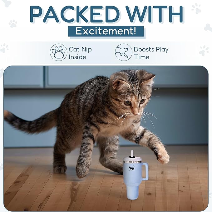 Kitty Cup Catnip Toy - Christmas & Birthday Cat Gift Toy with Catnip & Crinkle, Funny Stocking Stuffer for Girl Indoor Kitten (Chambray Blue)