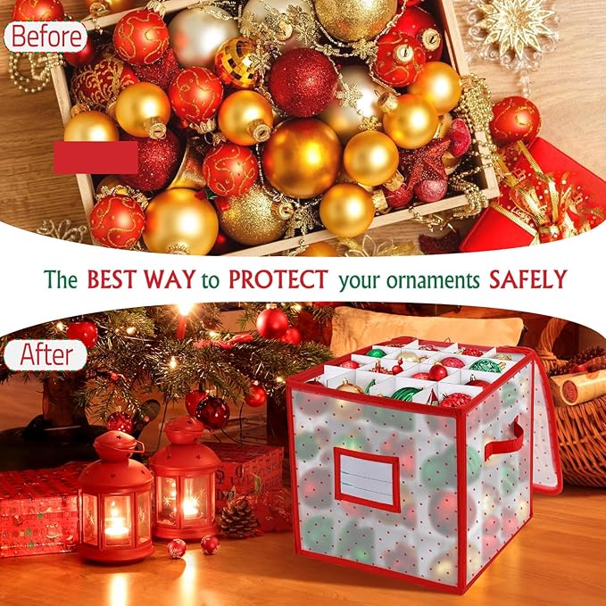 BINSUNS Christmas Ornament Storage Box, Christmas Storage Containers Organizer Bag with Dividers - Fits up to 64 Holiday Xmas Ornaments Decorations 3" Seasons Balls(Red)