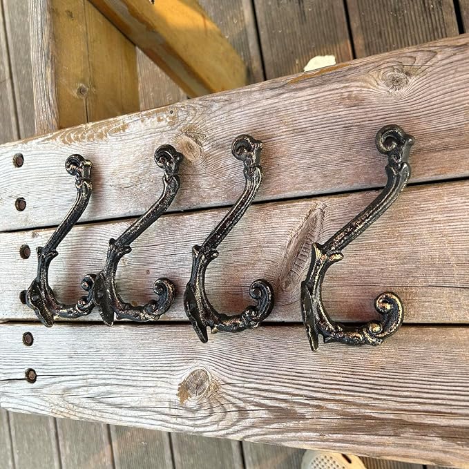 4 Pack Cast Iron Wall Hooks Antique Vintage Rustic Farmhouse Coat Hooks, Great for Coats, Bags, Towels, Hats, Mounting Screws Included