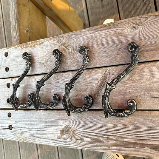 4 Pack Cast Iron Wall Hooks Antique Vintage Rustic Farmhouse Coat Hooks, Great for Coats, Bags, Towels, Hats, Mounting Screws Included