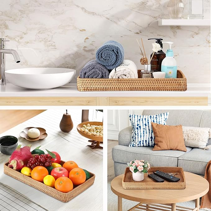 Hipiwe Rattan Serving Tray Large Wicker Storage Basket Tray for Organizing Rectangular Decorative Woven Trays Snacks Fruit Wicker Basket for Coffee Table Bathroom Home Decor,14.8"x 9.0"x1.8"