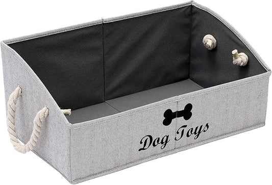 Geyecete Large Dog Toys Storage Bins-Foldable Fabric Trapezoid Organizer Boxes with Weave Rope Handle,Collapsible Basket for Shelves,Dog Apparel(Striped Gray-Dog)