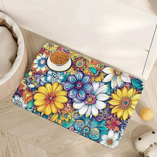 Floral Dog Food Mat for Floors,Cute Mandala Flower Absorbent Quick-Dry Pet Feeding Mat,Cat Dog Bowl Mats for Food and Water,Non-Slip Pet Accessories Supplies 12"x20"