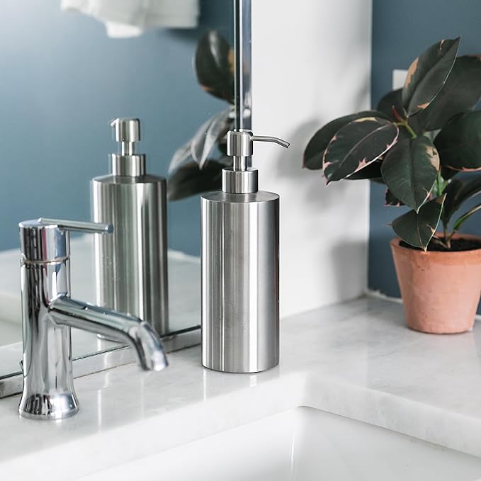 Silver Soap Dispenser Stainless Steel for Bathroom and Kitchen Sink, 15oz Refillable Round Rustproof Hand Dish Soap Dispenser Pump for Detergent, Lotion, and Countertop
