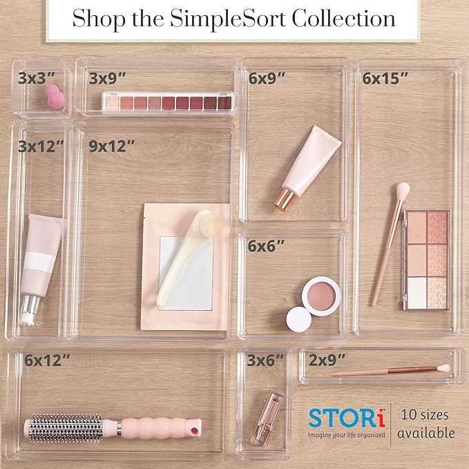 STORi SimpleSort 6-Piece Stackable Clear Drawer Organizer Set | 12" x 3" x 2" Rectangle Trays | Narrow Makeup Vanity Storage Bins and Office Desk Drawer Dividers | Made in USA